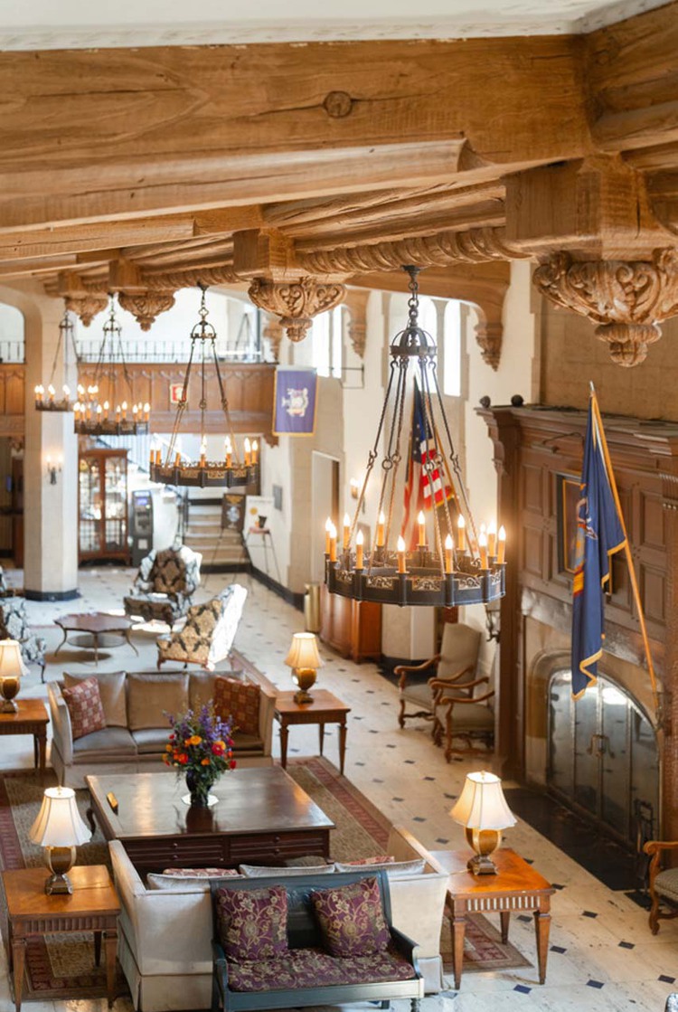 Hotel lobby with seating areas